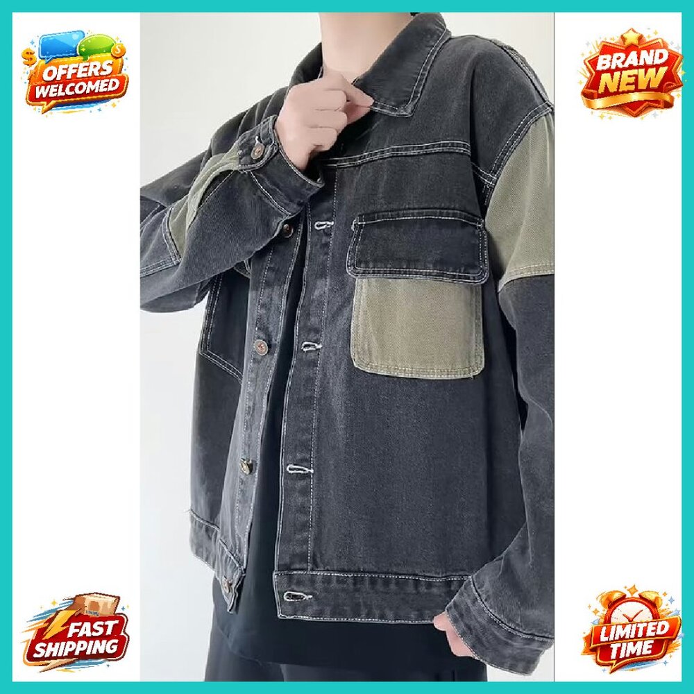 Oversized Denim Jacket Mens Patchwork Button Down… - image 3